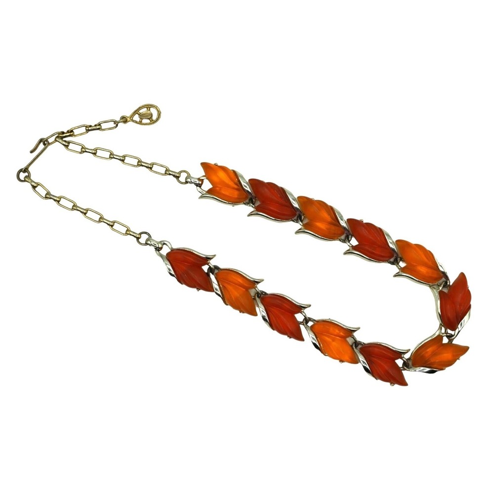 Lisner Thermoset Necklace Orange Red Molded Leaves‎ Costume Jewelry Vintage